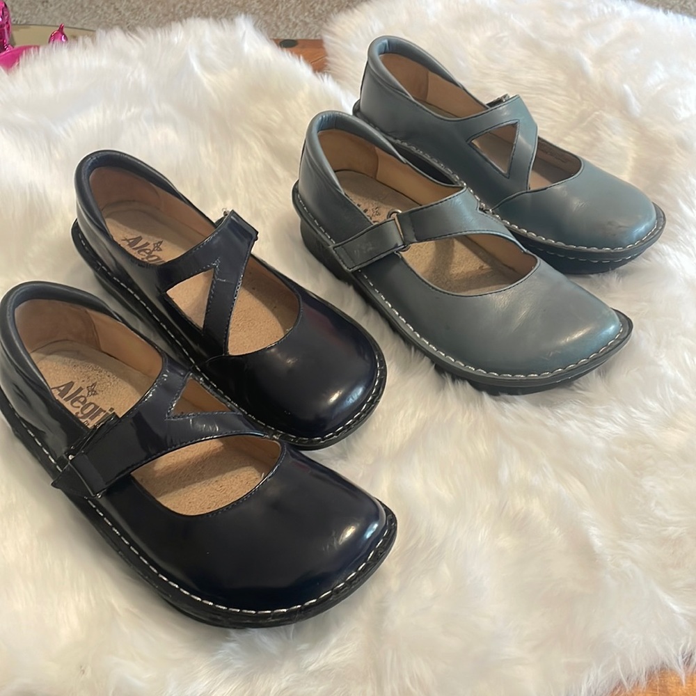 Two Pairs of Alegria Mary Janes, Navy and Light Blue, Size 37, but fit like a 7.
